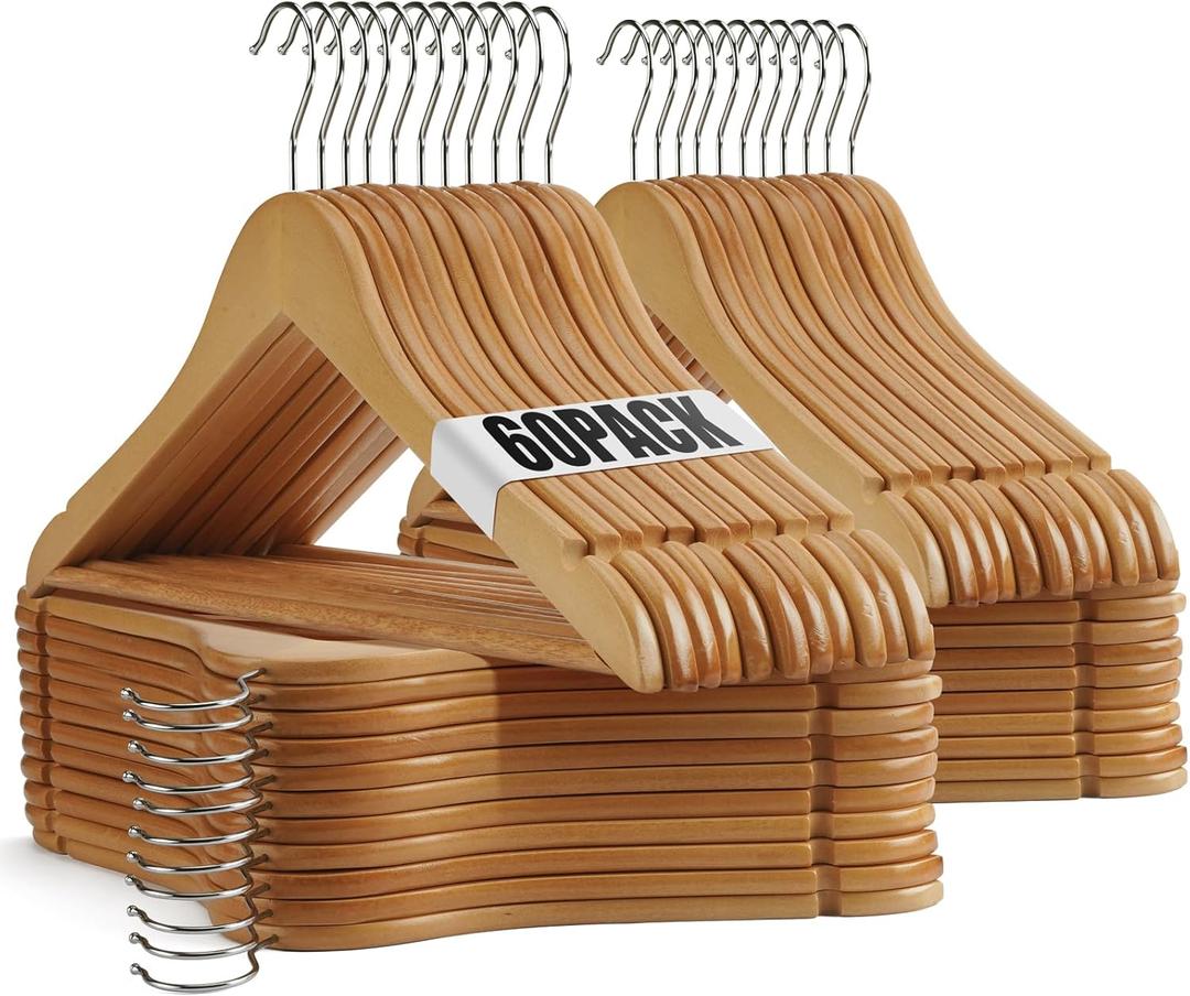 Wooden Hangers - 60 Pack - Clothes Hanger for Daily Used,Heavy Duty Wood Hangers with Precisely Cut Notches,Coat Hanger for Closet, Clothes Hangers for Shirt Suit Dress (Natural)
