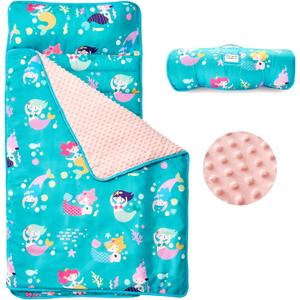 beeweed Toddler Nap Mat, Rollup Design Kid Sleeping Mat with Removable Pillow & Minky Blanket, Toddler Sleeping Bag for Daycare Preschool Travel Camping (Mermaid)