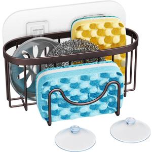 HapiRm Multifunctional Sponge Holder for Kitchen Sink with Unique M-Shaped, 2 Installation Methods Sink Caddy, Stainless Steel Kitchen Organizer for Sponge, Brush, Sink Stopper and Scraper -Bronze