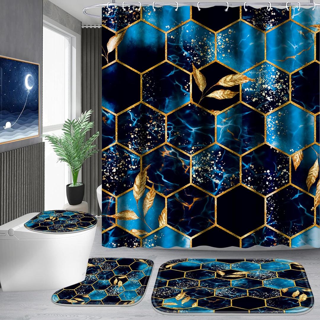 Poedist 4 Pcs Bathroom Shower Curtain Set,Bathroom Sets with Rugs(Bath Mat,U Shape and Toilet Lid Cover Mat) and 12 Hooks,Sky Blue Honeycomb Marble (Marble-03)