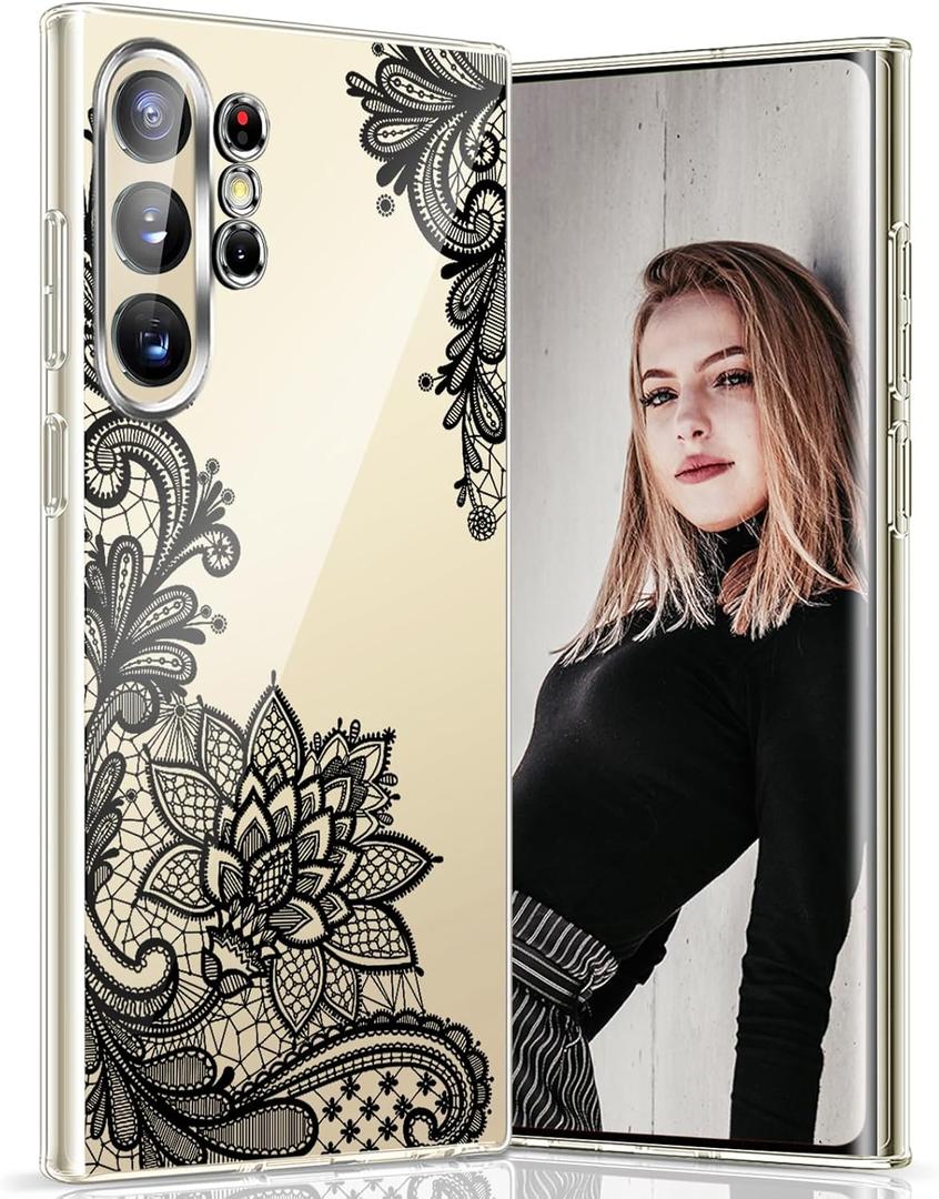 S25 Ultra Phone Case for Samsung S25 Ultra 5G Case Clear Cute Slim Thin for Women Soft Flexible Silicone TPU Cover for Samsung Galaxy S25 Ultra Case Shockproof with Lace Mandala-Flower (Black)