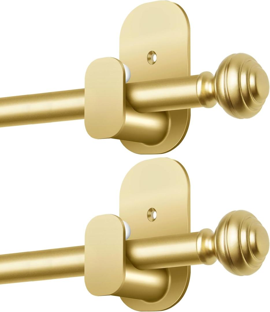 KAMANINA 2 Pack Curtain Rods No Drilling for Windows 16 to 30 Inches, 5/8 Inch Diameter Adjustable Single Curtain Poles with Adhesive Brackets, Gold