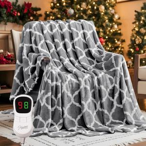 Homemate Heated Blanket Electric Throw - 50x60 Heating Blanket with 10 Fast Heat Levels 8 Hours Auto Off Soft Cozy Flannel Over-Heated Protection ETL Certification Keep Warming in Home (Grey Geometry)