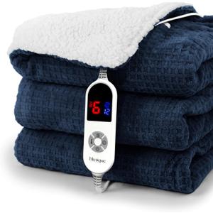 blunique Heated Blanket Electric Throw Waffle, 50x60 Inches Sherpa Fleece Fast Heating Blanket 6 Heating Levels & 4 Hours Auto Off ETL Certification, Navy Throw