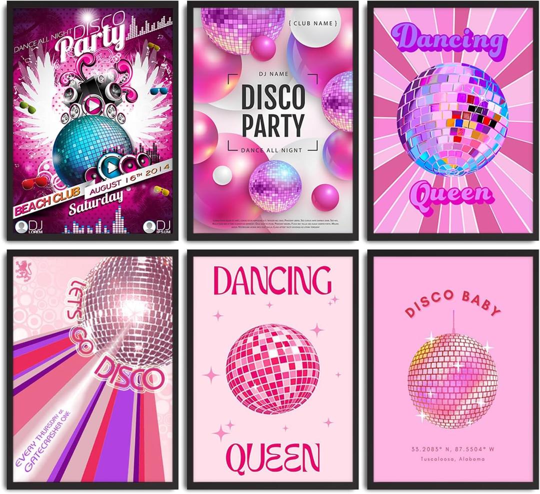 6Pcs Pink Disco Ball Wall Art Vintage Trendy Bar Cart Painting Pictures Wall Decor Vintage Funky Bar Posters Prints Artwork for Bar Aesthetic Home Decoration Unframed (12x16in)