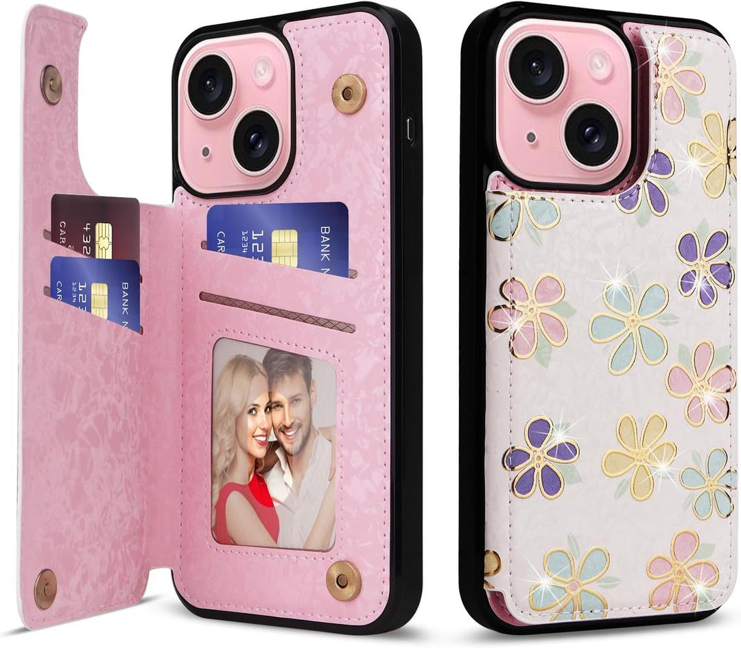 UEEBAI Wallet Case for iPhone 15 with Card Holders, PU Leather Cover Kickstand RFID Blocking Double Magnetic Clasp Rilievo Flower Shockproof Flip Case for Women Girls - White Daisy