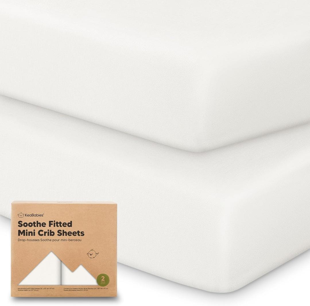 2-Pack Mini Crib Sheets Fitted - 38x26 Pack N Play Sheets for Pack and Play Mattress, Organic Cotton, Soft & Breathable Playard Bedding, Neutral Mini Toddler Bed Cover for Boys, Girls (Soft White)