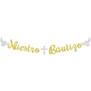 4 x Nuestro Bautizo Banner, Spanish First Holy Communion, Religious 1st Birthday, Christening Baptism Baby Shower Party Decorations Supplies, Gold Glitter