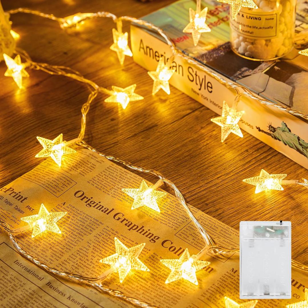 Minetom Star String Lights Battery Operated - 17 ft 50 LED Star Fairy String Lights with Timer, Waterproof for Indoor Bedroom Tent Loft Bed Patio Party Wedding Ramadan Decorations, Warm White