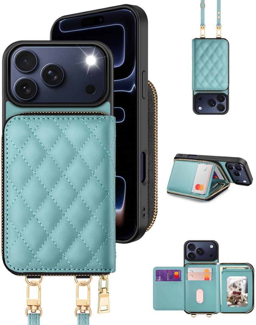 OCASE Compatible with iPhone 17 Pro Max Crossbody Wallet Case with Card Holder, PU Leather Zipper Handbag Phone Purse with RFID Blocking Kickstand Wrist Strap Lanyard 6.9 Inch, Diamond Check Green