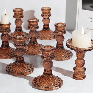 12Pcs Amber Candlestick Holders Set- 4" H Taper Candle Holders Bulk, Glass Candle Holders for Wedding, Party, Fall Dinner Table Centerpieces, Festival Gifts & Windowsill Decor (Amber Dimond Pattern)