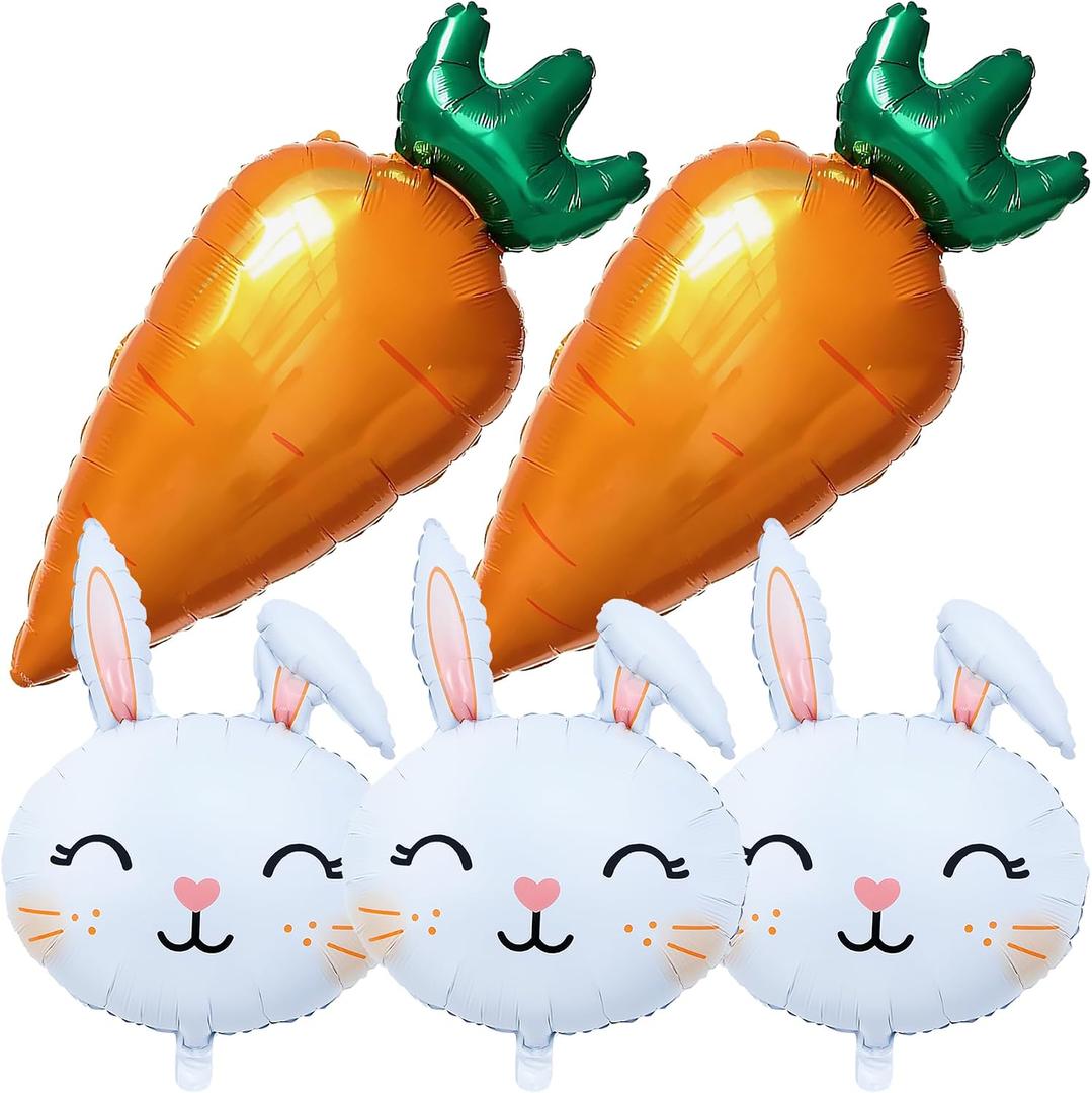 5PCS Easter Bunny Balloons Set Large Rabbit Head & Carrot Foil Mylar Balloons Cute Bunny Face Balloon for Easter Party Decorations Baby Shower Rabbit Birthday Spring Theme Party Supplies
