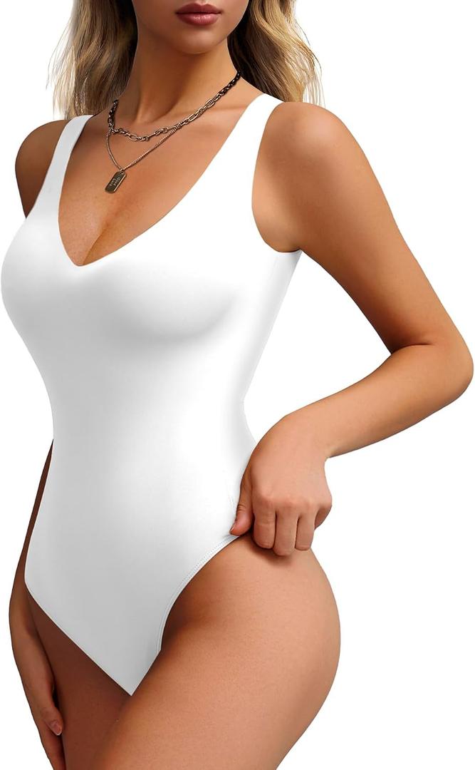Women's Double-Lined Deep V Neck Bodysuit - Backless Sexy Sleeveless Thong Body Suits Tank Tops (Non-See Through) (L)