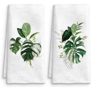 Tropical Monstera Leaf Kitchen Towels Set of 2, Green Jungle Palm Leaf Tropical Hand Towels for Bathroom Kitchen Decor, Green and White Botanical Dish Tea Towels, 16x24 Inches (Style 4)
