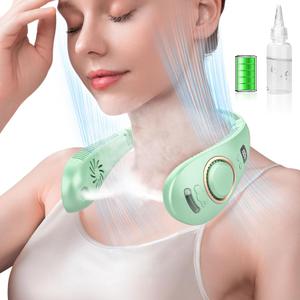 2 x Misting Fan Neck Fans that Blow Cold Air-Foldable Fan with Water Spray Misting, Rechargeable Battery Neck Fan, Cordless Quiet Face Travel, Best Gifts for Birthday Light Green