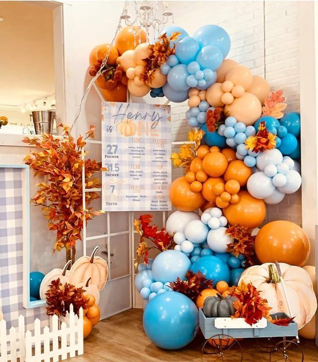 Fall Pumpkin Balloon Garland Arch Kit for Thanksgiving Decorations, 154pcs Burnt Orange Blue White Latex Balloons for Little Pumpkin Autumn Birthday Party