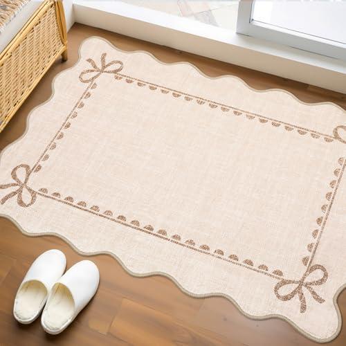 GarveeHome Scalloped Bow Rug for Kitchen Floor, Solid Beige Rug for Dorm, Washable Entryway Rugs 2x3 Soft Low Pile Non Slip Scalloped Rugs for Nursery Bedroom Decor Hallway