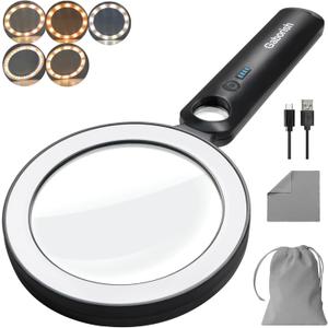 Glass Magnifying Glass with Light Handheld 10X 30X Magnifier with 36 LEDs, 5 Color Modes Rechargeable Lighted Magnifiers, Gift for Senior Reading, Coin, Stamps, Inspection (White & Black)