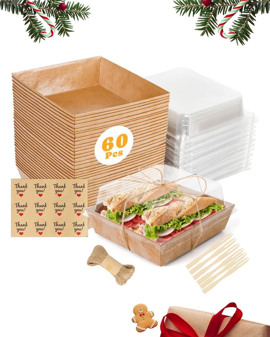 60 Pack Charcuterie Boxes with Clear Lids, Individual (Wood, 5 In) Small Paper Charcuterie Bakery To Go with Lid - Disposable Party Favor Boxes for Food, Sushi, Cookie, Cake Slice, Dessert, Sandwich (Brown)