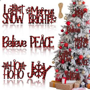 Yalikop 6 Pieces Christmas Wall Decor Xmas Hanging Believe Sign Winter Wooden Words for Crafts Word Art Decorative Joy Peace Cutouts Tree Decorations Party Supplies (Black Red)