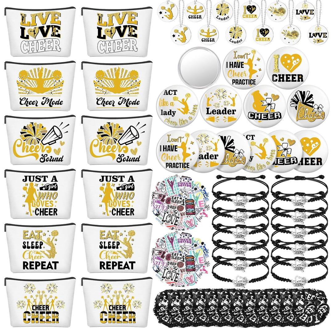 Lyrow 160 Pcs Cheerleader Gifts Bulk for Team Cheer Scrunchies Hair Ties Makeup Bag Cheer Mirror Bracelet Keychain Sticker for Christmas Cheerleader Gift Back to School(Gold)