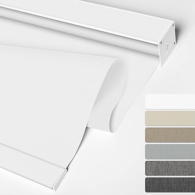 BERISSA Cordless Blackout Roller Shades for Windows,Linen Fabric,Roller Blinds,Window Roller Shades Pull Down for Door Home Bedroom Office.Thermal Insulated,Easy Installation.White.75 W x 48" H