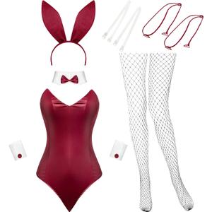 Geyoga Anime Women Bunny Costume Bunny Outfit Halloween Cosplay Bodysuit Role Costume Bunny Headband Stocking Set (Small, Wine Red)