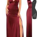 Popilush Women's Sexy Maxi Dress Deep V Neck Ruched Shapewear Dresses Side Slit Formal Cocktail Party Dress (Red, XS)