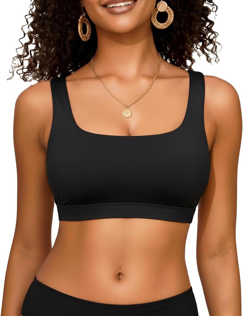 Women Sport Bra Swimsuit Top - Swim Bra Bikini Top Only Scoop Neck Bathing Top 2025 Swimwear (Large, Black)
