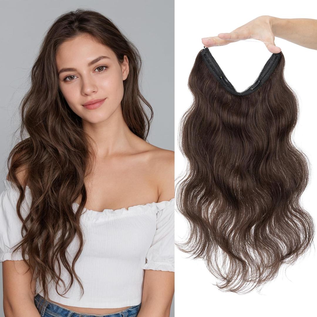 Halo Hair Extensions Real Human Hair Invisible Wire Extensions with Transparent Fish Line Wavy Curly Halo Clip in Human Hairpieces Dark Brown 12 Inch