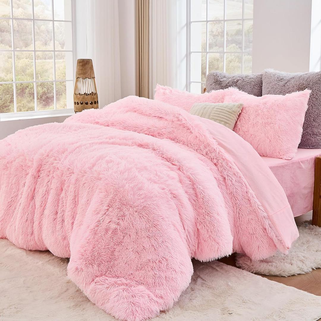 Sasttie 3-Piece Fluffy Duvet Cover Queen, Ultra Soft Faux Fur and Velvet Pink Comforter Cover, Luxury Fuzzy Bedding Sets for Winter Bed, Includes 1 Duvet Cover and 2 Pillowcases, No Comforter