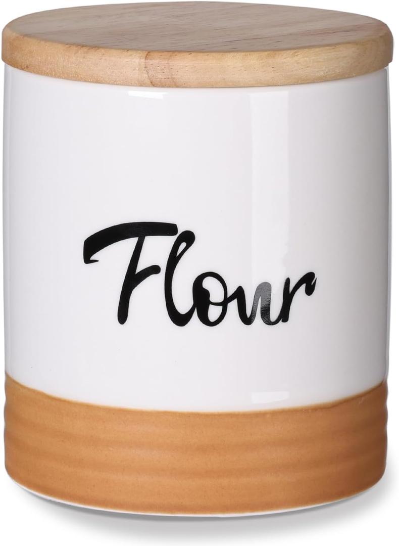 LEETOYI Ceramic Food Storage Containers with Lid, 31oz Farmhouse Kitchen Decor, Countertop Food Storage Caddy Organizer 4.5 Inch (Labeled Flour)