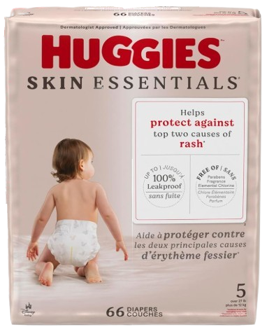 Huggies Size 5 Diapers, Skin Essentials Baby Diapers, Size 5 (27+ lbs), 66 Count ( Pack of 66), Packaging May Vary