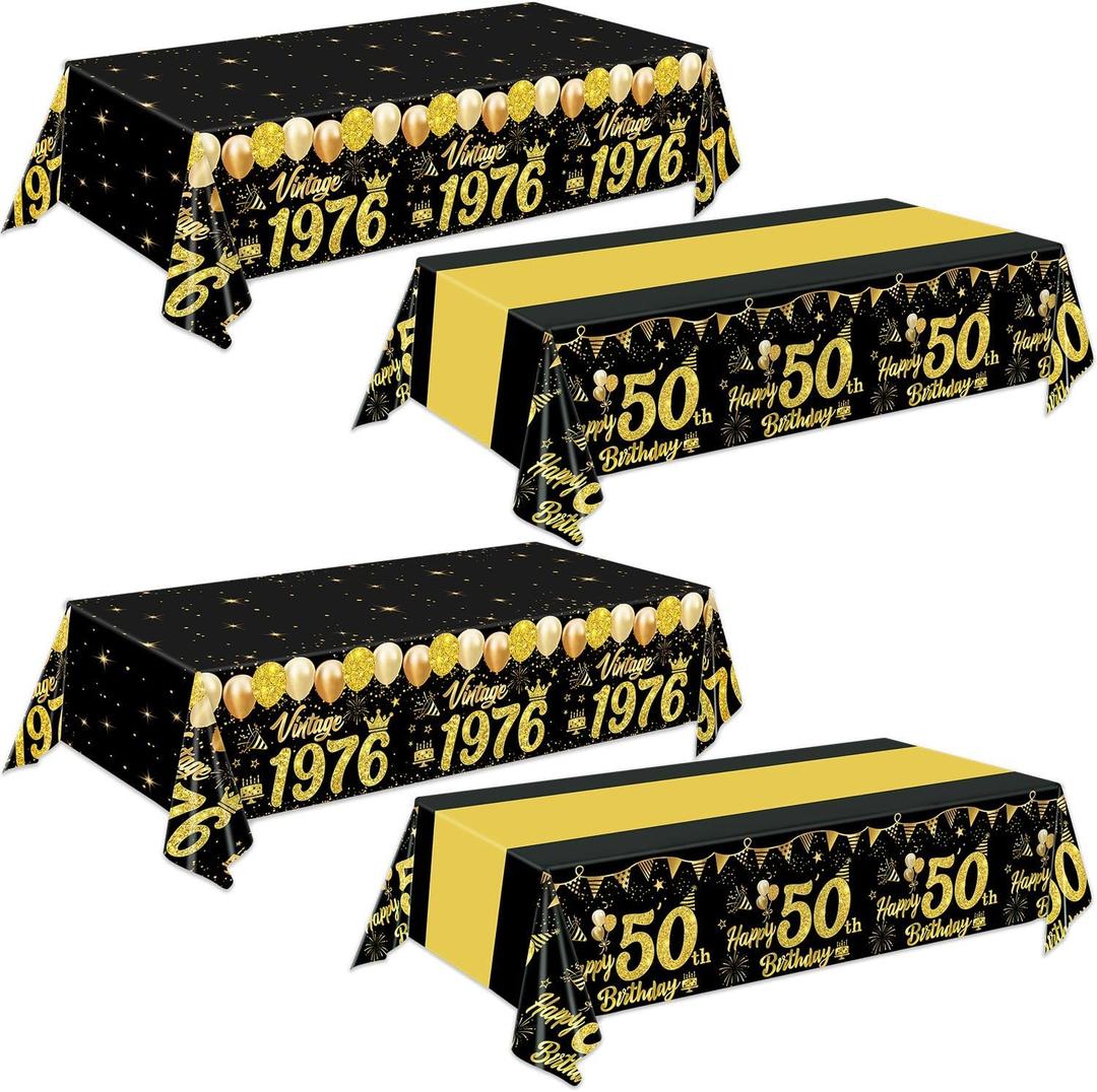 Oigco 4 Pack 50th Birthday Tablecloth, Black and Gold Happy 50th Birthday Decorations Disposable Plastic Birthday Table Cover for Men Woman, 54 x 108 Inch