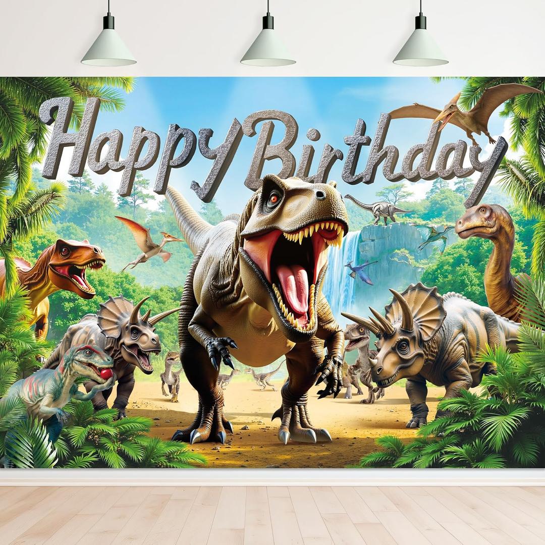 Newsely Dinosaur Birthday Backdrop 7Wx5H Photography Boy Dino Animals Cool Happy Birthday Park Theme Party Wildlife Background Green Tropical Jungle Decorations Banner Photo Booth Props Supplies