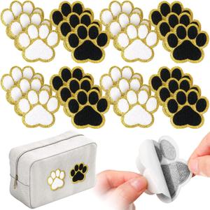 Jexine 24 Pcs Paw Print Chenille Patches Self-Adhesive Stick-on Embroidered Patches Stickers for Clothing Bag Hat Backpack Jean Gift for Animal Birthday Party(White, Black with Gold Edge)