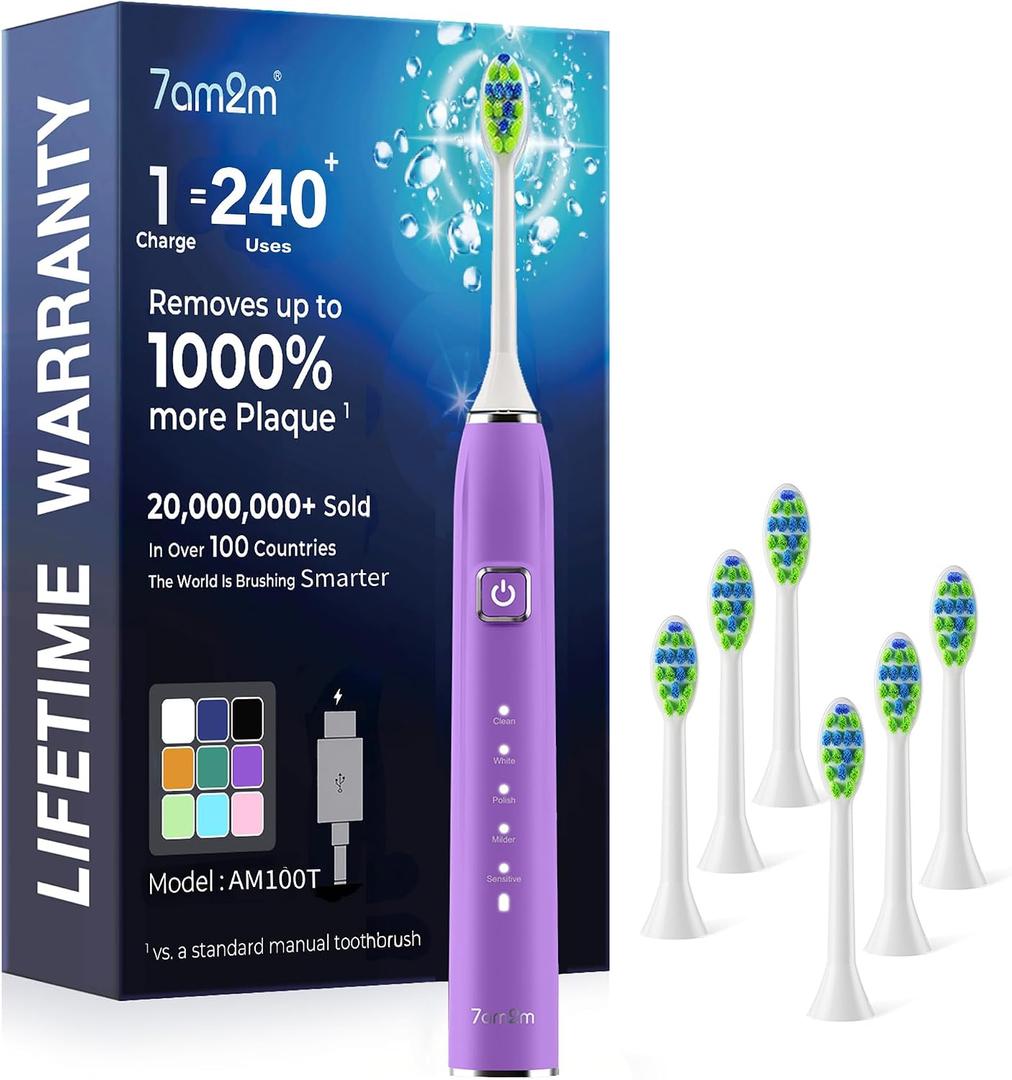 7AM2M Sonic Electric Toothbrush for Adults&Kids, Type-C Charging Run for 120 Days, with 6 Brush Heads, 5 Modes&40000VPM Powered Rechargeable Toothbrush, Travel & Home Use (Purple)