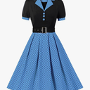 ODIZLI Women's 1950s Retro Dress Short Sleeve Notched Lapel Polka Dot Stripe Swing Dress with Belt Cocktail Dress L