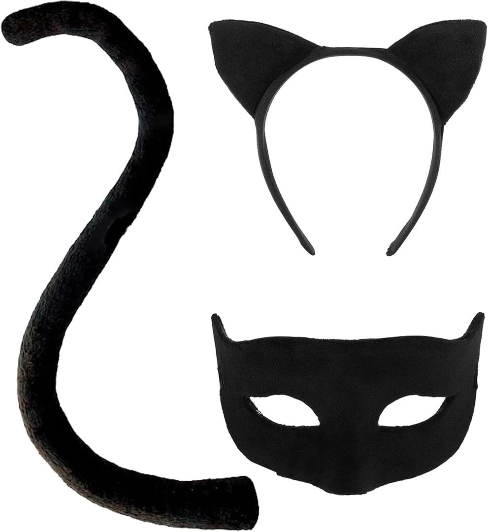 Halloween Black Cat Costume Set for Women - Cat Ear Headband, Tail & Mask