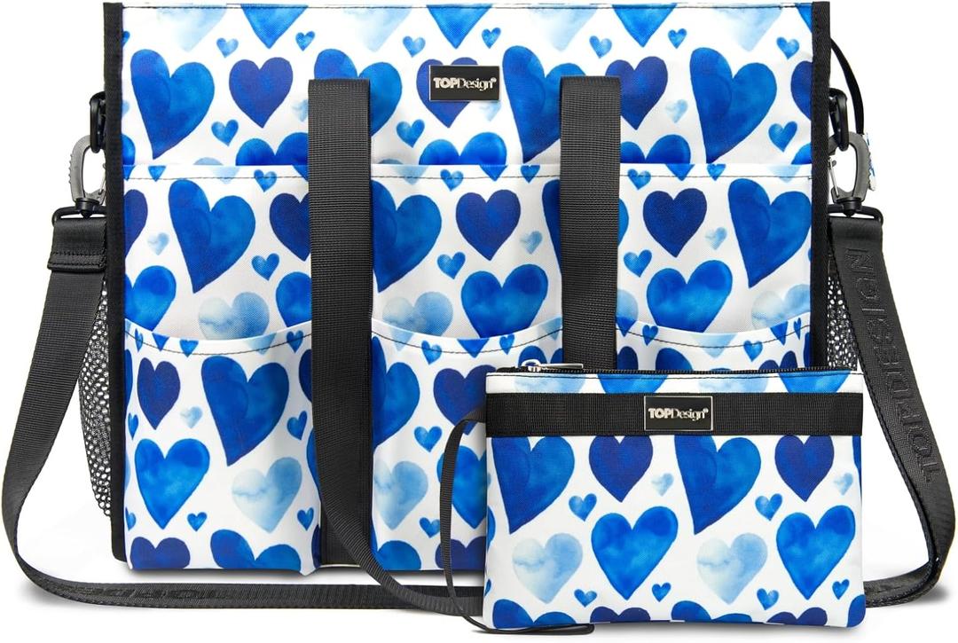 TOPDesign Utility Water Resistant Tote Bag with 22 Pockets, Top Zipper Closure & Thick Bottom Support, for Working Women (Medium, Love)