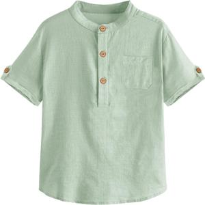 Boys Short Sleeve Henley Shirt Button Up Linen Cotton Dress Shirts Tees Tops with One Pocket (5-6 Years, Green)