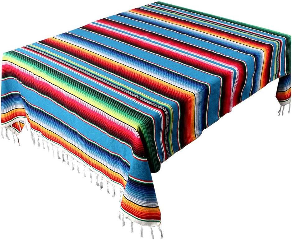 AerWo Mexican Tablecloth 60 x 85, Mexican Serape Blanket with Tassels for Fiesta Party Cinco De Mayo Decorations, Rectangle Woven Stripe Tablecloth, Outdoor Picnic Blankets Dining Table Cover (Blue)