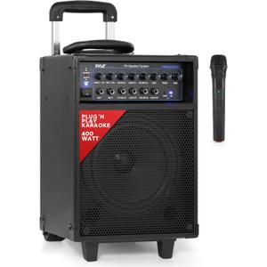 Pyle Wireless Portable PA System-400W Bluetooth Compatible Rechargeable Battery Powered Outdoor Sound Stereo Speaker Microphone Set w/Handle, Wheels-1/4 to AUX, RCA Cable (PWMA230BT)