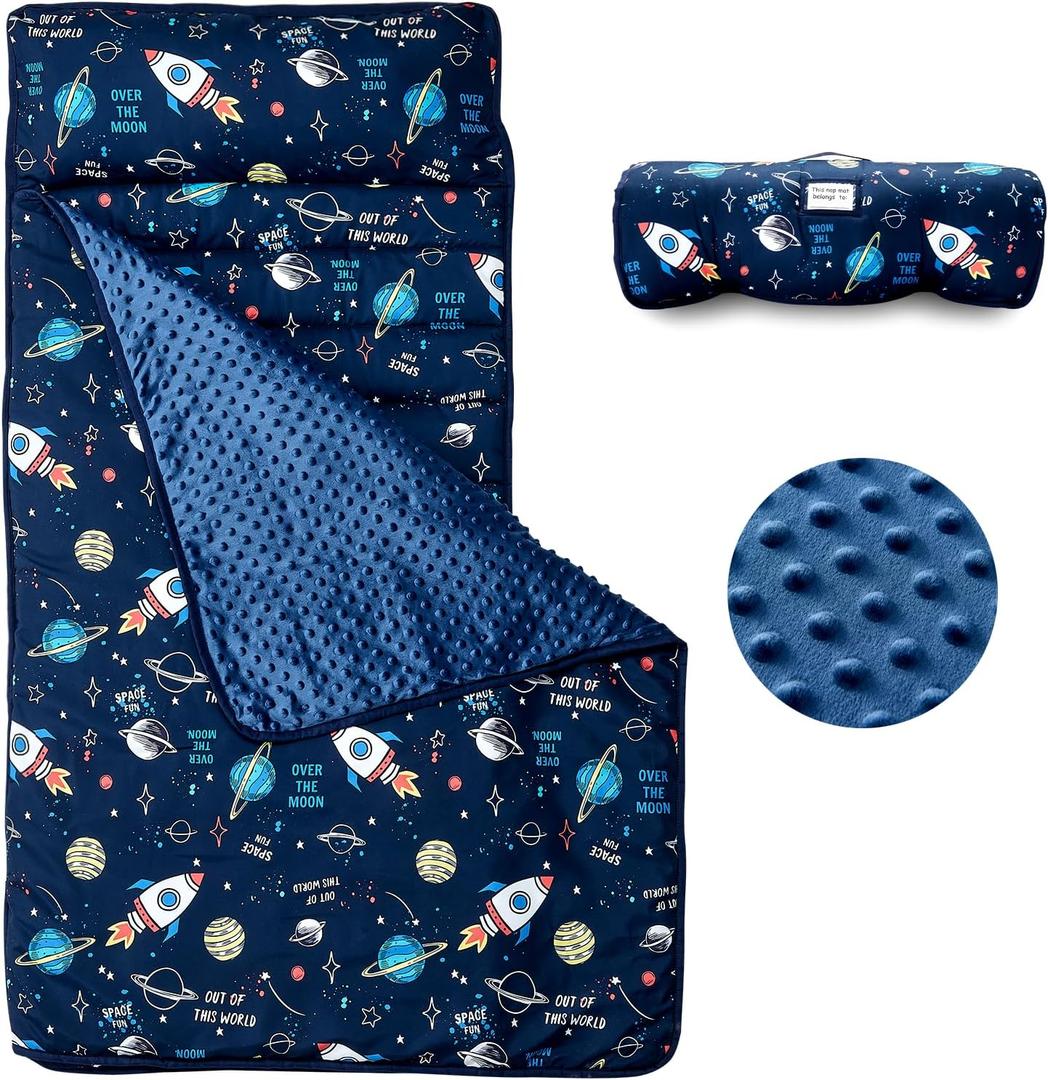  Toddler Nap Mat, Rollup Design Kid Sleeping Mat with Removable Pillow & Minky Blanket, Toddler Sleeping Bag for Daycare Preschool Travel Camping, Space Ship