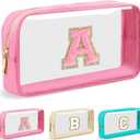 Personalized Initial Letter Clear Makeup Bag,Preppy Small Nylon&PVC Cosmetic Zipper Bag with Chenille Letter,Portable Beach Travel Skincare Toiletry Bag,Trendy Monogram Gift for Teen Girls Women,A