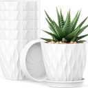 4 Inch Small Pots for Plants, 6 Pack Waffle Texture Small Plant Pots for Succulents, Plastic Planter with Drainage Holes and Saucers for Indoor Outdoor Plants, Flowers, Herbs, Seedlings, White
