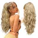 REECHO Ponytail Extension, 24" Claw Clip Ponytail Extension Wavy Ponytails Hair Extensions Jaw Clip on Pony Tails Natural Synthetic Hairpiece for Women Daily, Golden with Blonde Highlights