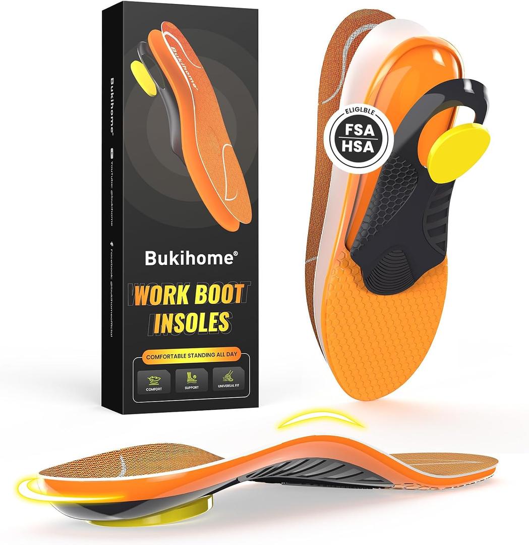Bukihome Work Boot Insoles for Construction & Standing All Day - Heavy Duty Orthotic Shoe Inserts with Shock Absorption, Arch Support & Fatigue Reduction Durable Support Fits Work Boots -M