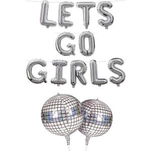 HOUSE OF PARTY Lets Go Girls Foil Balloons 16" Silver Letter Balloons Disco Ball Bachelorette Party Bach Party Decorations
