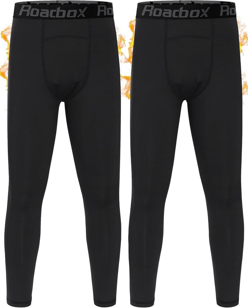 Roadbox Boys Thermal Pants, 2 Pack Kids Fleece Lined Leggings, Youth Sports Baseball Hockey Compression Tights Cold Weather (Black+black)